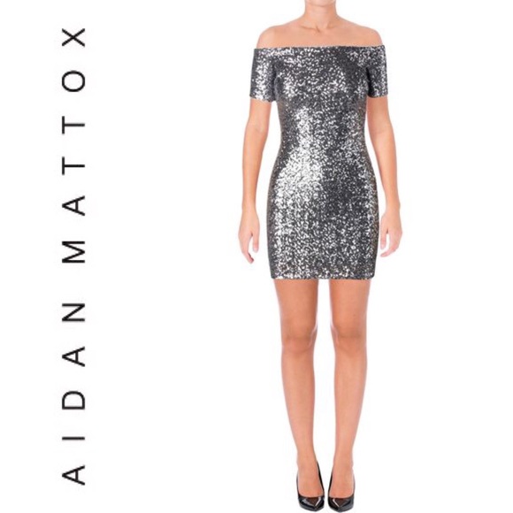silver sequin off the shoulder dress